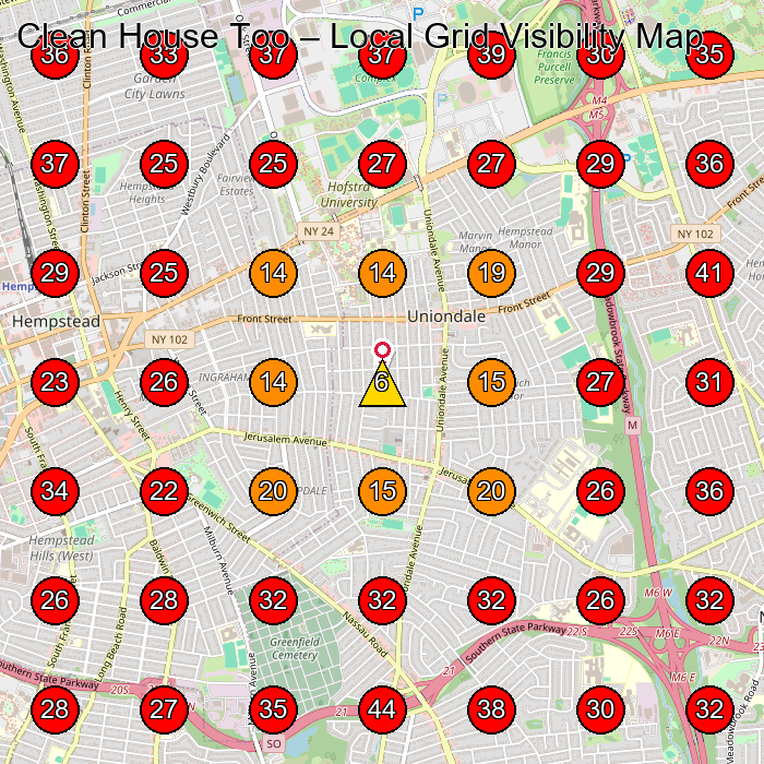 Clean House Too GeoGrid visibility map for House Cleaning Service in Hempstead